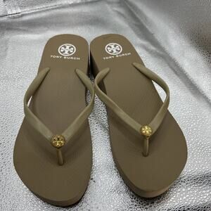 Tory Burch Platform Thong Flip Flop Beige Brown Sandals Women's Size 8 Logo